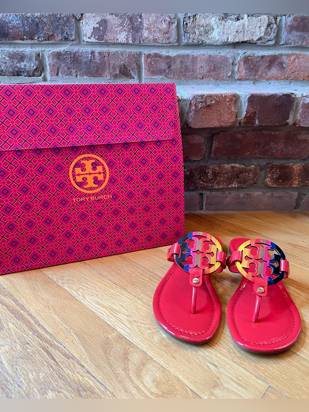 Tory Burch Vermillion Red Orange Coral Rainbow Patent Leather Miller Sandal